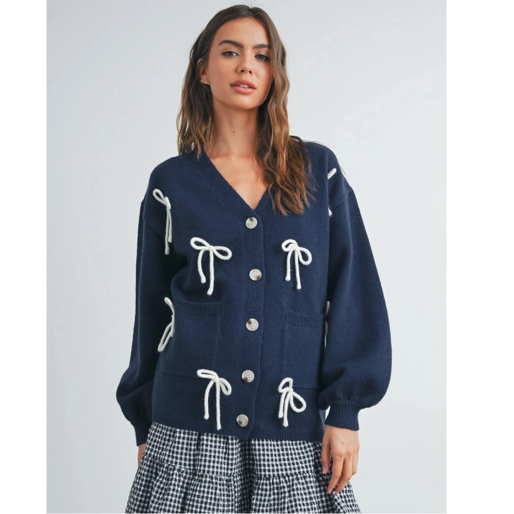 Navy Blue Women's Cardigan with White Bow Accents